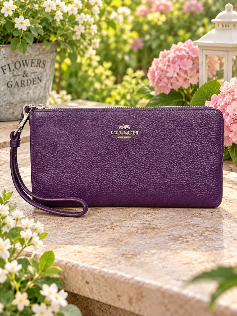 Coach Purple Pebbled Leather Zip Wristlet Clutch